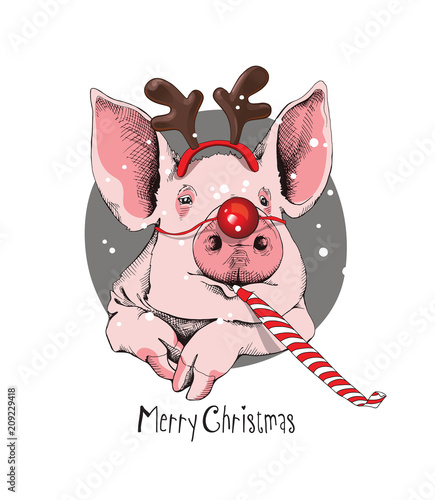 Christmas card. Portrait of the pink Pig in a Santa's deer mask and with a red funny party whistle blowing on a gray background. Vector illustration. 