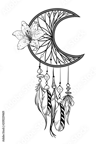 Monochrome vector illustration with hand drawn dream catcher. Ornate ethnic items, feathers, beads and flower.