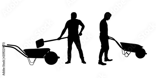 Set of realistic silhouettes of man with shovel and wheelbarrow