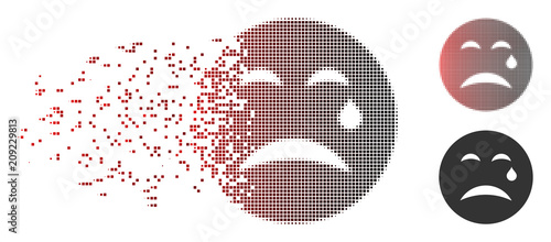Vector cry smiley icon in dispersed, pixelated halftone and undamaged entire versions. Disintegration effect uses rectangle particles and horizontal gradient from red to black.