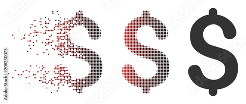 Vector dollar icon in sparkle, pixelated halftone and undamaged solid versions. Disappearing effect uses square scintillas and horizontal gradient from red to black.