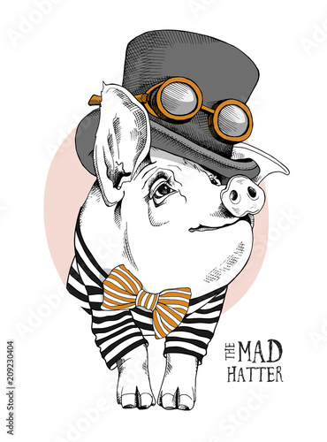 Pig in a in a striped cardigan, in a bow tie and with a steampunk Top hat. Vector illustration.