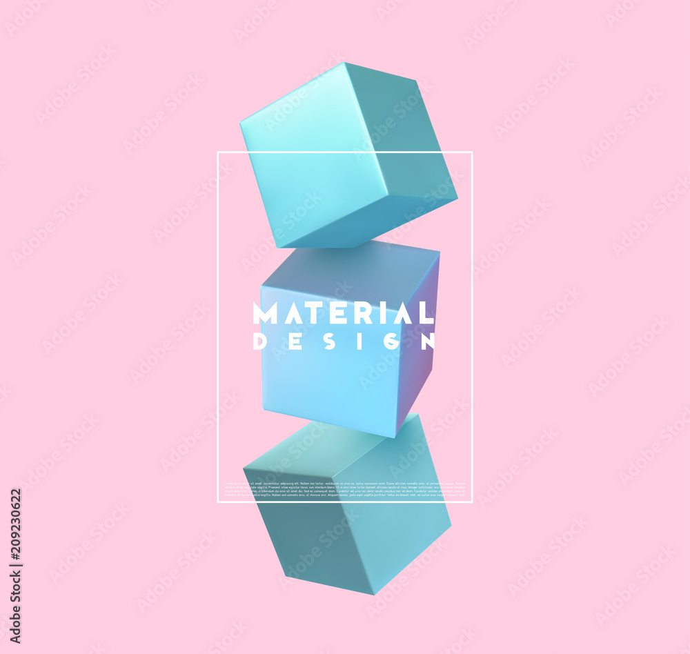 Minimal abstract art with geometric shapes, stylish background with 3d elements blue cube. Fashion poster, banner, design card vector illustration