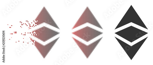 Vector Ethereum classic icon in sparkle, dotted halftone and undamaged whole variants. Disintegration effect involves rectangular sparks and horizontal gradient from red to black.
