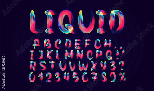 Fluid colored letter. Alphabet font of melting liquid. Design 3d sign isolated on black background.
