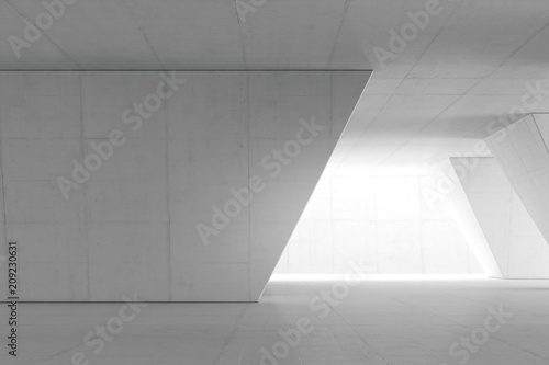 Abstract Empty space with white wall. Modern blank showroom with floor. Future concept. 3d rendering.