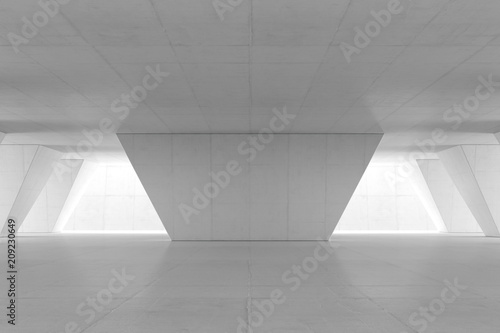 Abstract Empty space with white wall. Modern blank showroom with floor. Future concept. 3d rendering.