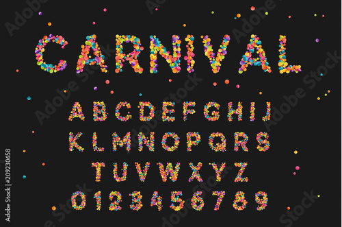 Font alphabet of colored confetti. Festive carnival letters, birthday, Brazilian festival of paints. Set holiday symbol. Celebrate anniversary numbers. Vector isolated on black background
