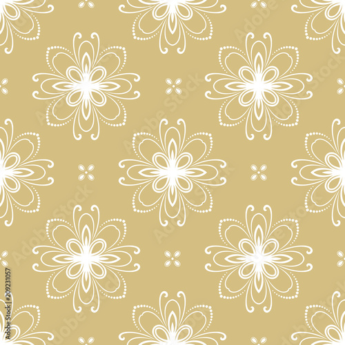 Floral vector ornament. Seamless abstract classic background with flowers. Pattern with repeating white floral elements. Ornament for fabric, wallpaper and packaging
