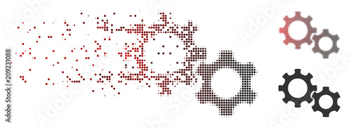 Vector gears icon in fractured, pixelated halftone and undamaged solid variants. Disintegration effect uses rectangle sparks and horizontal gradient from red to black.