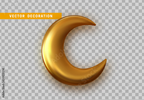Golden crescent 3d design isolated on transparent background. Vector gold moon