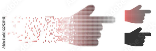 Vector index finger icon in dissolved, pixelated halftone and undamaged whole versions. Disappearing effect involves rectangular particles and horizontal gradient from red to black. photo