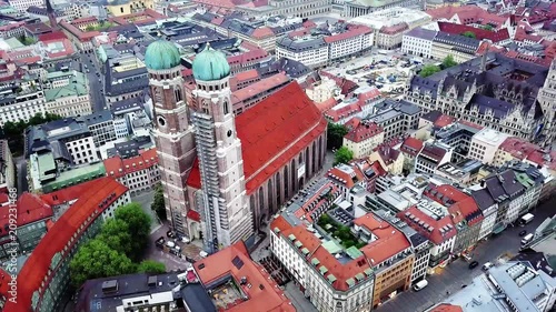 Aerial Helicopter View Downtown Munich Bavaria iclusing Famous Frauenkirchen Cathedral photo