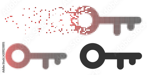 Vector key icon in sparkle, dotted halftone and undamaged whole versions. Disappearing effect involves square sparks and horizontal gradient from red to black.