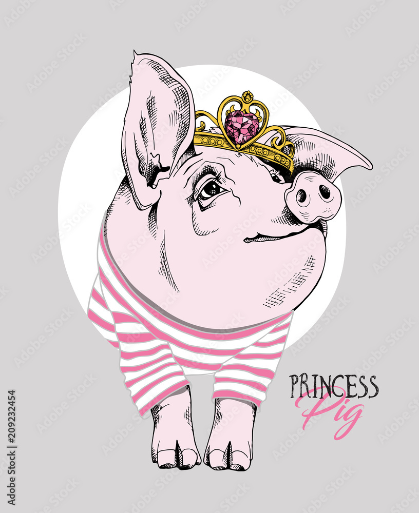 Naklejka premium Pig in a pink striped cardigan and with a Princess Crown. Vector illustration.