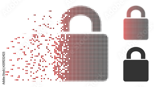 Vector lock icon in dissolved, pixelated halftone and undamaged entire versions. Disintegration effect uses square sparks and horizontal gradient from red to black.