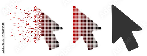 Vector mouse pointer icon in fractured, dotted halftone and undamaged whole variants. Disappearing effect involves square scintillas and horizontal gradient from red to black. photo