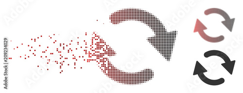 Vector refresh icon in fractured, dotted halftone and undamaged entire variants. Disintegration effect uses rectangle scintillas and horizontal gradient from red to black.