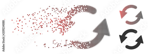 Vector refresh CCW icon in sparkle, dotted halftone and undamaged solid versions. Disappearing effect involves rectangle scintillas and horizontal gradient from red to black.