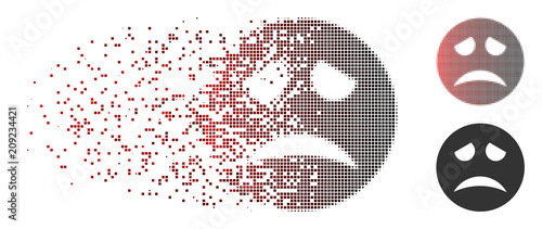 Vector sadness smiley icon in dissolved, dotted halftone and undamaged entire variants. Disintegration effect uses rectangular dots and horizontal gradient from red to black.