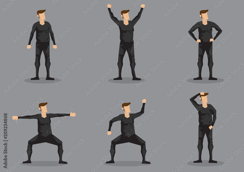 Man in Black Skin-tight Garment Vector Character Set Man in Black Skin-tight Garment Vector Character Set