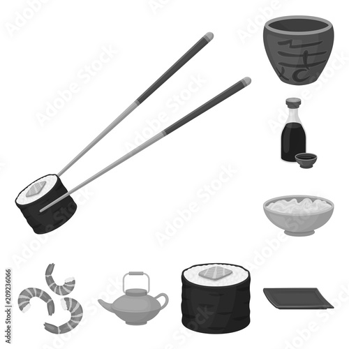 Sushi and seasoning monochrome icons in set collection for design. Seafood food, accessory vector symbol stock web illustration.