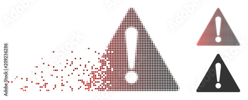Vector warning icon in fractured, pixelated halftone and undamaged entire variants. Disappearing effect uses square dots and horizontal gradient from red to black.