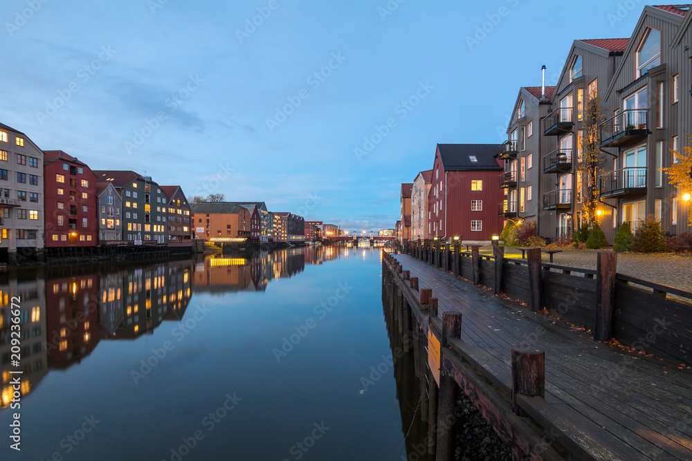 View of the old city n Trondhem at night. Norway.