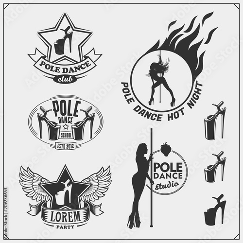 Set of strip plastic and pole dance emblems, labels and design elements. Girls on the pole.