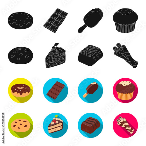 American cookies, a piece of cake, candy, wafer tubule. Chocolate desserts set collection icons in black,flet style vector symbol stock illustration web.