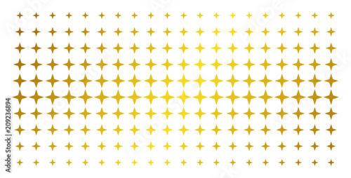 Space star icon golden halftone pattern. Vector space star pictograms are organized into halftone grid with inclined golden gradient. Constructed for backgrounds, covers,