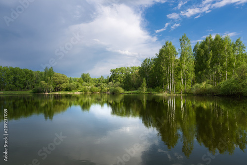 Trees on the shore of the lake and the cloudy sky are reflected on the surface of the water