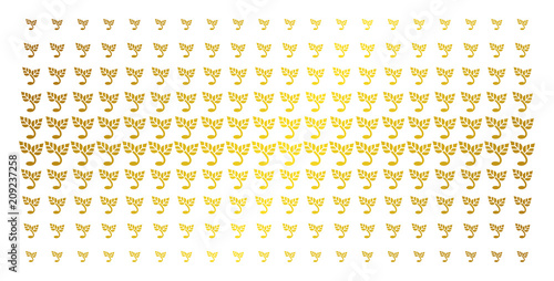 Sprout icon golden halftone pattern. Vector sprout items are organized into halftone grid with inclined gold color gradient. Constructed for backgrounds, covers, templates and luxury effects.