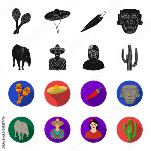 Tapir Mexican animal, a Mexican in national clothes in a poncho, a woman with a flower, a cactus. Mexico country set collection icons in black,flet style vector symbol stock illustration web. photo