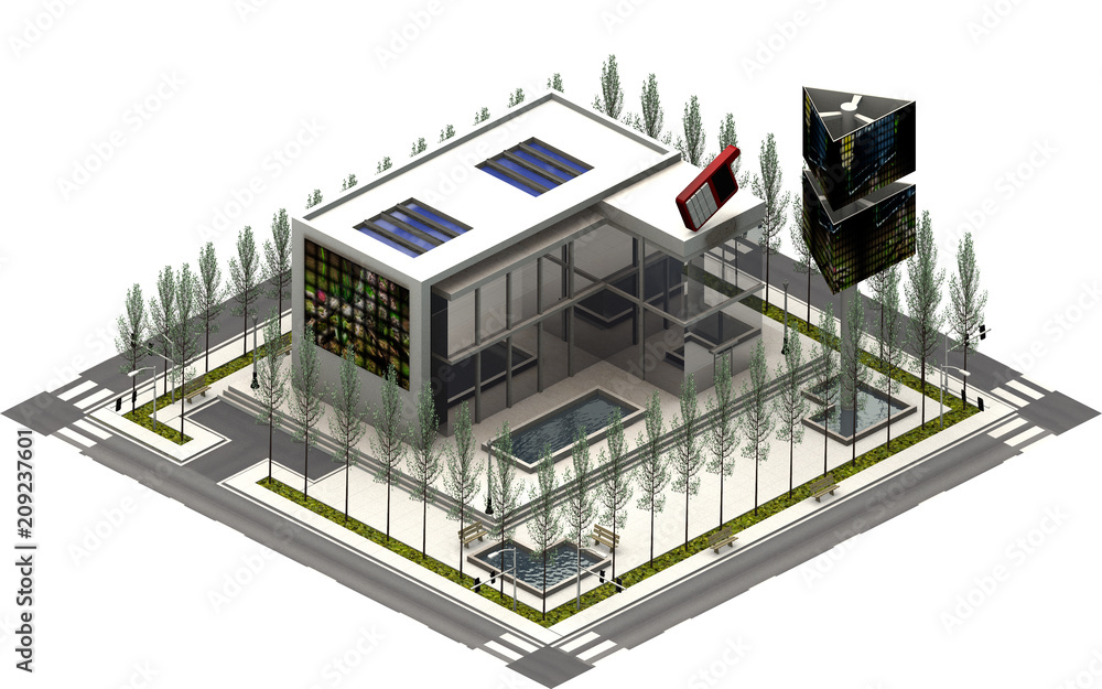 Isometric city buildings, tv film company. 3D rendering Isometric city buildings, tv film company. 3D rendering