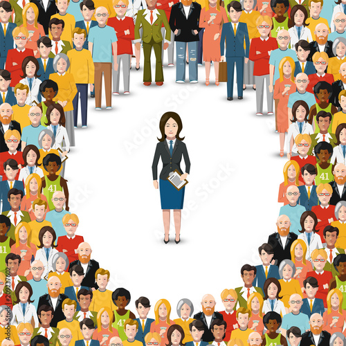 Woman stayed in crowd, conceptual illustration
