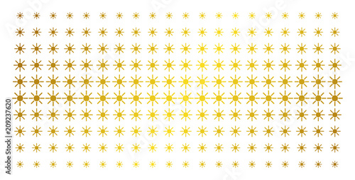 Sun icon golden halftone pattern. Vector sun shapes are organized into halftone matrix with inclined golden gradient. Constructed for backgrounds, covers, templates and abstract effects.