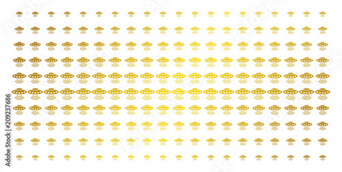 Alien invasion icon golden halftone pattern. Vector alien invasion objects are organized into halftone grid with inclined golden gradient. Designed for backgrounds, covers,