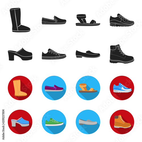 Flip-flops, clogs on a high platform and heel, green sneakers with laces, female gray ballet flats, red shoes on the tractor sole. Shoes set collection icons in black,flet style vector symbol stock