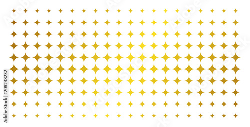 Sparkle star icon gold halftone pattern. Vector sparkle star shapes are arranged into halftone grid with inclined gold color gradient. Designed for backgrounds, covers,