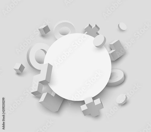 White round background with grey 3d geometric figures.
