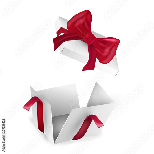 White square paper box with a red ribbons. Empty packaging.