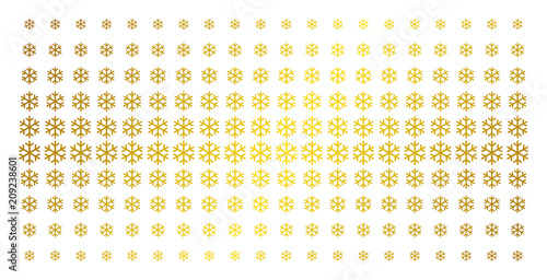 Snowflake icon gold colored halftone pattern. Vector snowflake shapes are arranged into halftone matrix with inclined gold color gradient. Designed for backgrounds, covers,