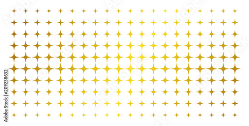 Space star icon golden halftone pattern. Vector space star items are arranged into halftone matrix with inclined golden gradient. Designed for backgrounds, covers, templates and abstract effects.