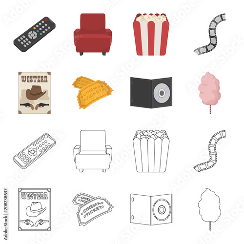 Western cinema, tickets, sweet cotton wool, film on DVD.Filmy and cinema set collection icons in cartoon,outline style vector symbol stock illustration web.