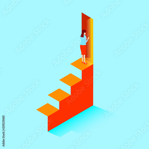 Woman on stairs in front of door.