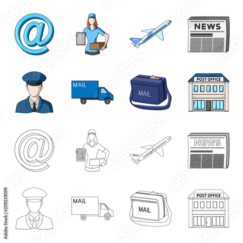 The postman in uniform, mail machine, bag for correspondence, postal office.Mail and postman set collection icons in cartoon,outline style vector symbol stock illustration web.