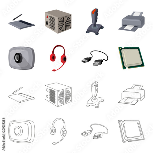 Webcam, headphones, USB cable, processor. Personal computer set collection icons in cartoon,outline style vector symbol stock illustration web.