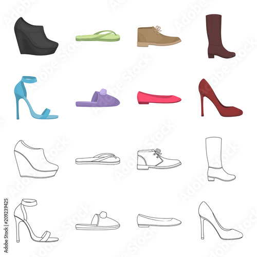Blue high-heeled sandals, homemade lilac slippers with a pampon, pink women's ballet flats, brown high-heeled shoes. Shoes set collection icons in cartoon,outline style vector symbol stock