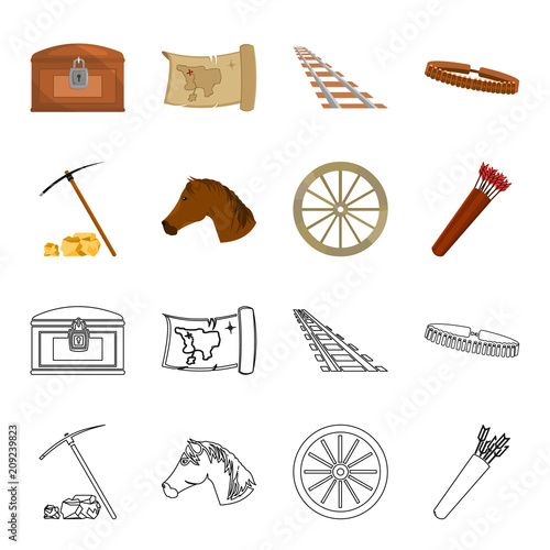 Pickax hoe, horse head, wheel cart, quiver with arrows.Wild west set collection icons in cartoon,outline style vector symbol stock illustration web.